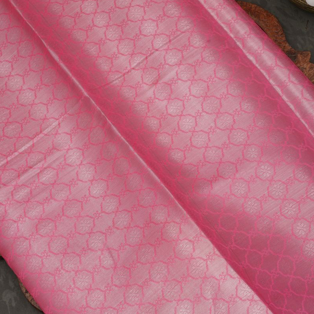 Green And Light Pink Floral Jaal Tissue Silk Saree With Banarasi