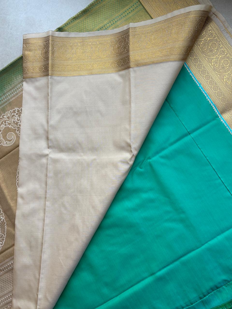 Kanchi Soft Silk( Aqua Green with Cream)