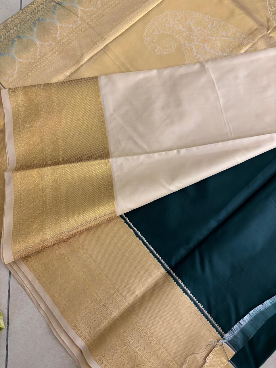 Kanchi Soft Silk( Bottle Green With Cream)