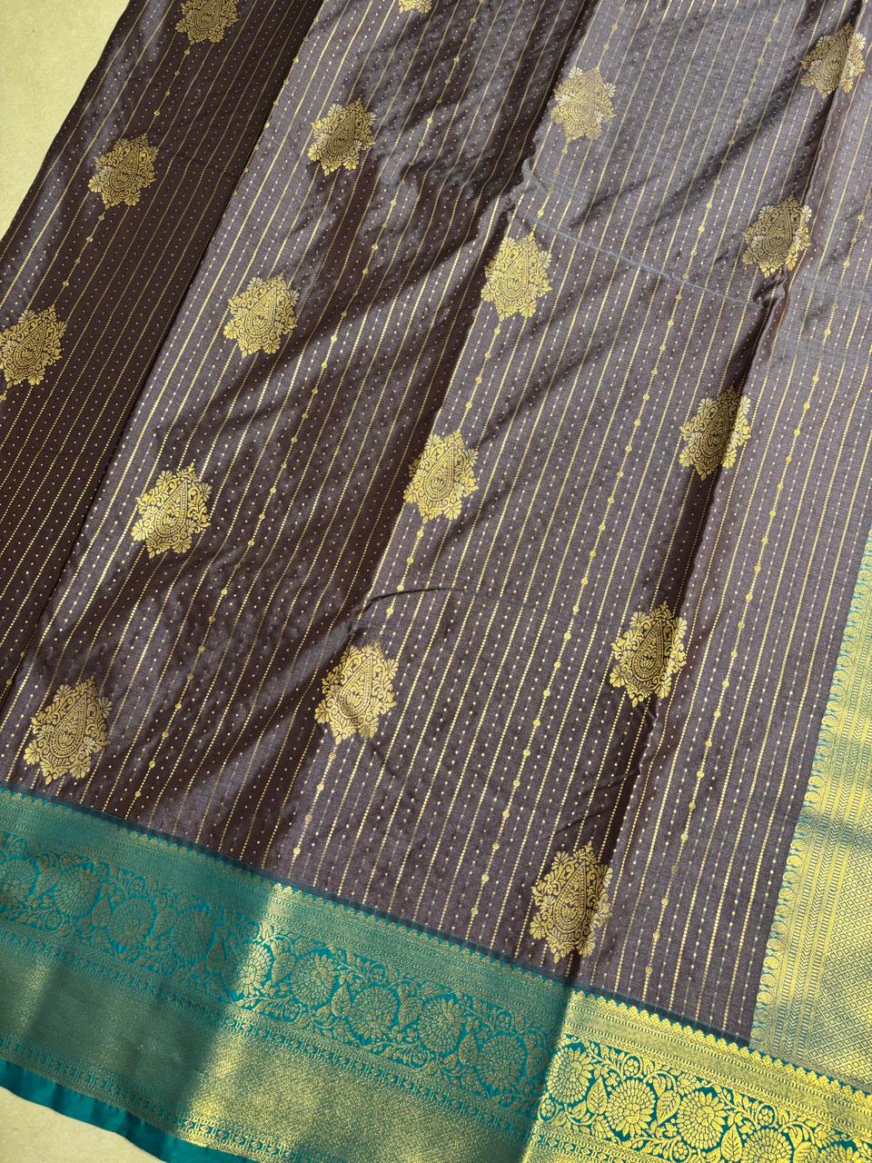 Kanchi Soft Silk( Burgandy With dark Green Raindrop)