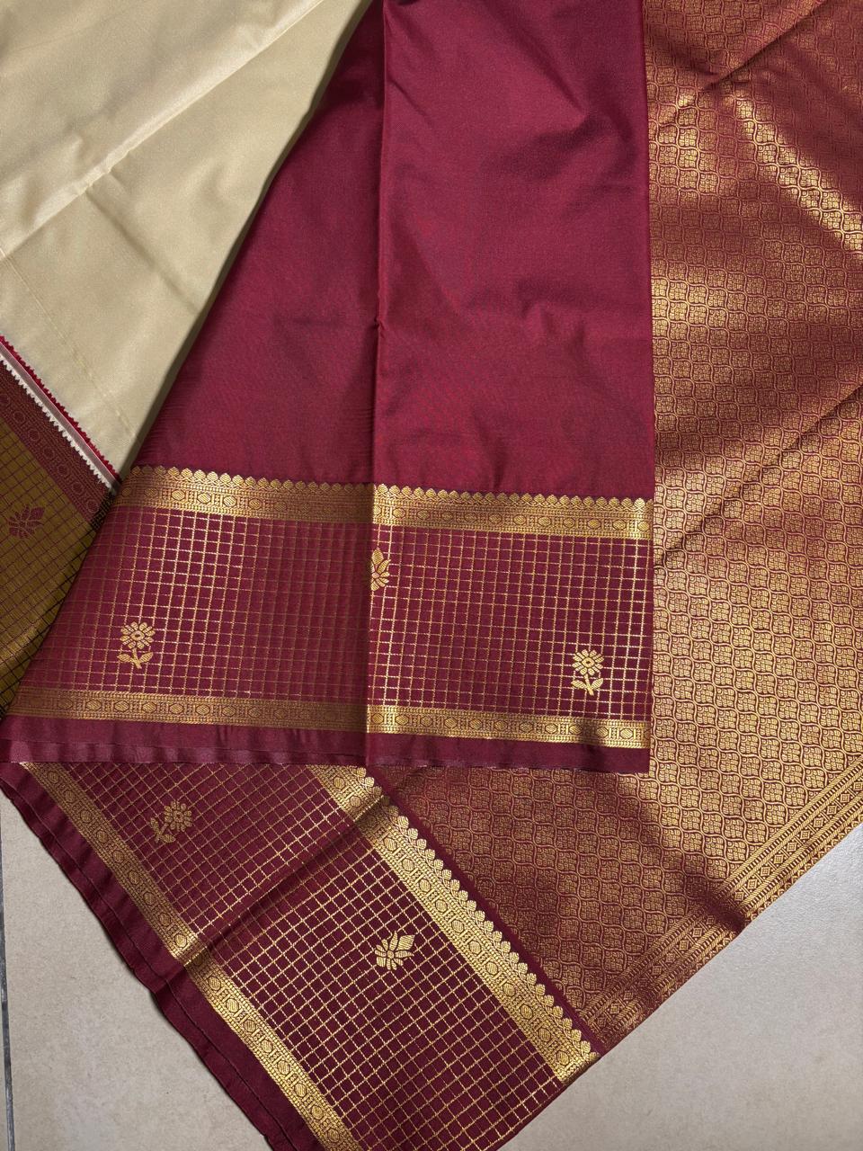 Kanchi Soft Silk( Cream With Maroon)
