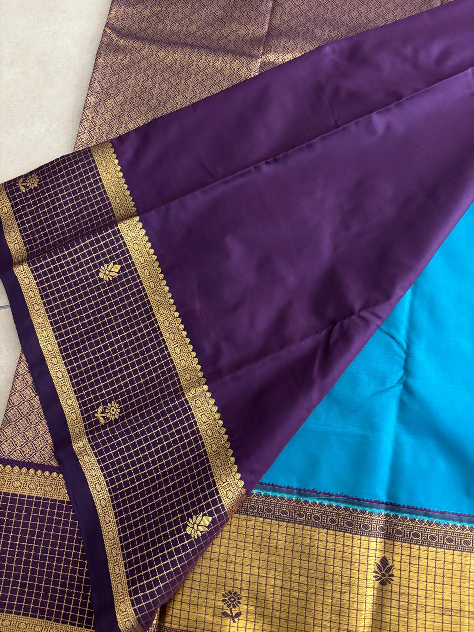 Kanchi Soft Silk( Rama Blue with Purple Checked)