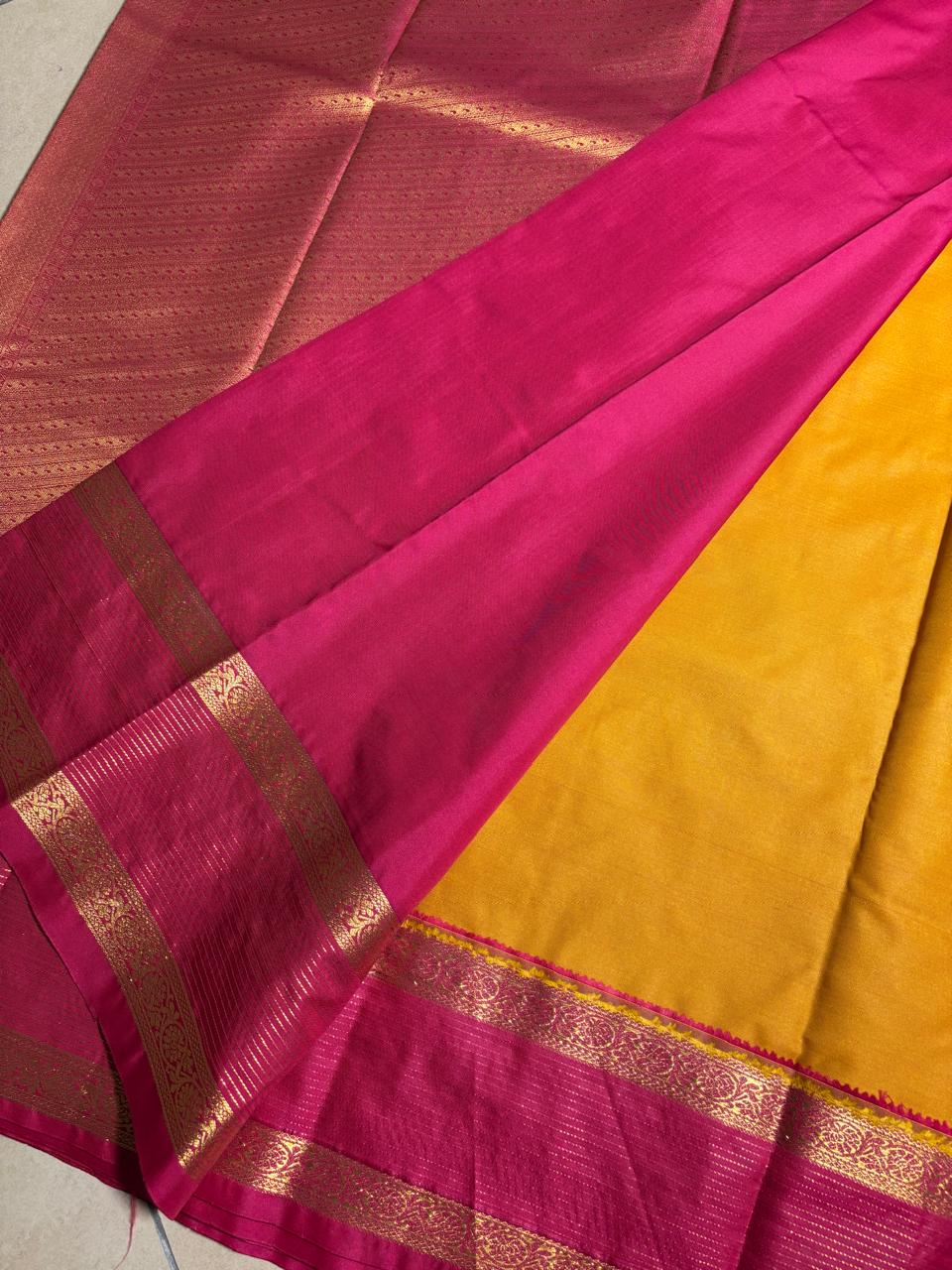 Kanchi Soft Silk( Yellow With Pink Stripes)