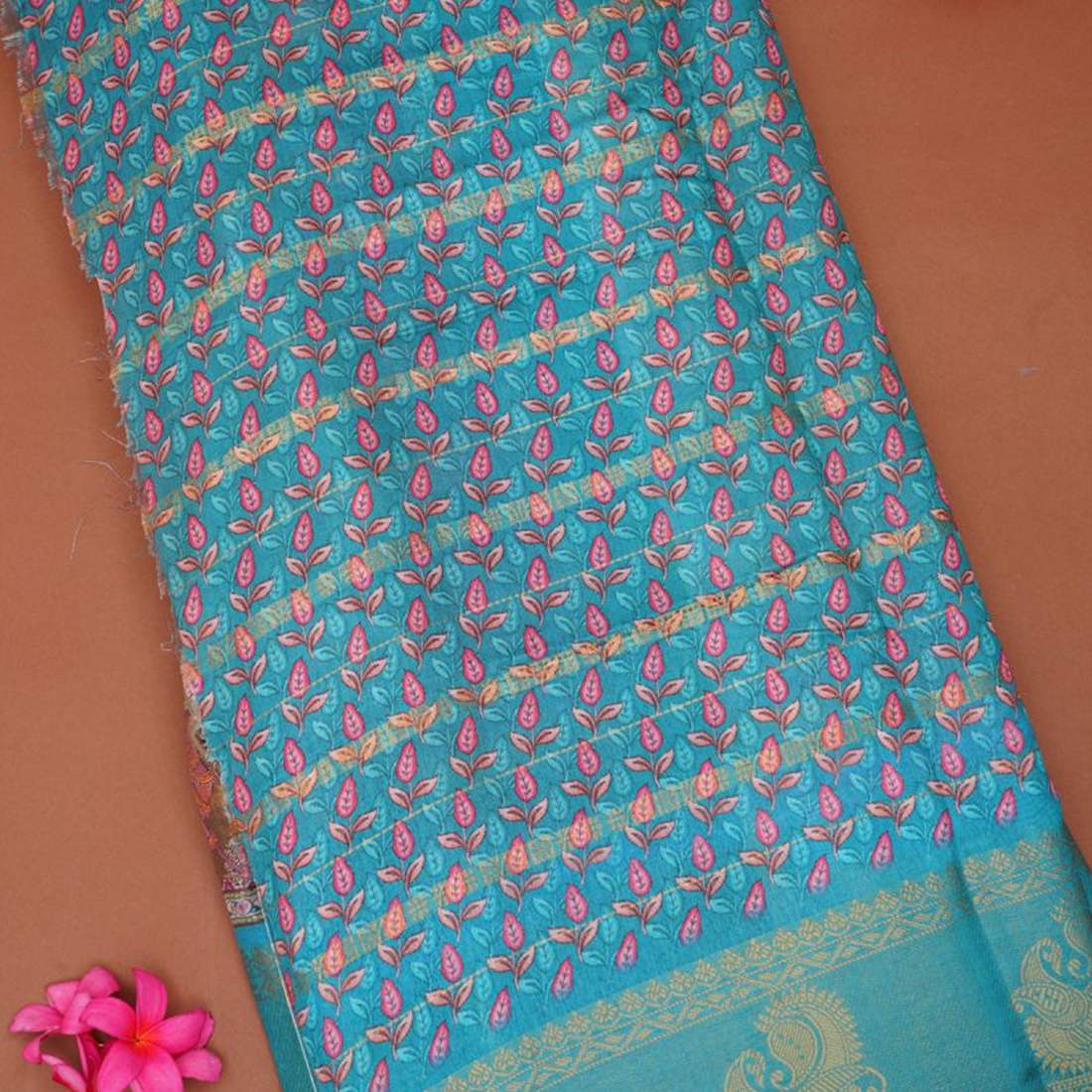 Light Olive Green And Blue Digital Print Silk Saree With Fancy