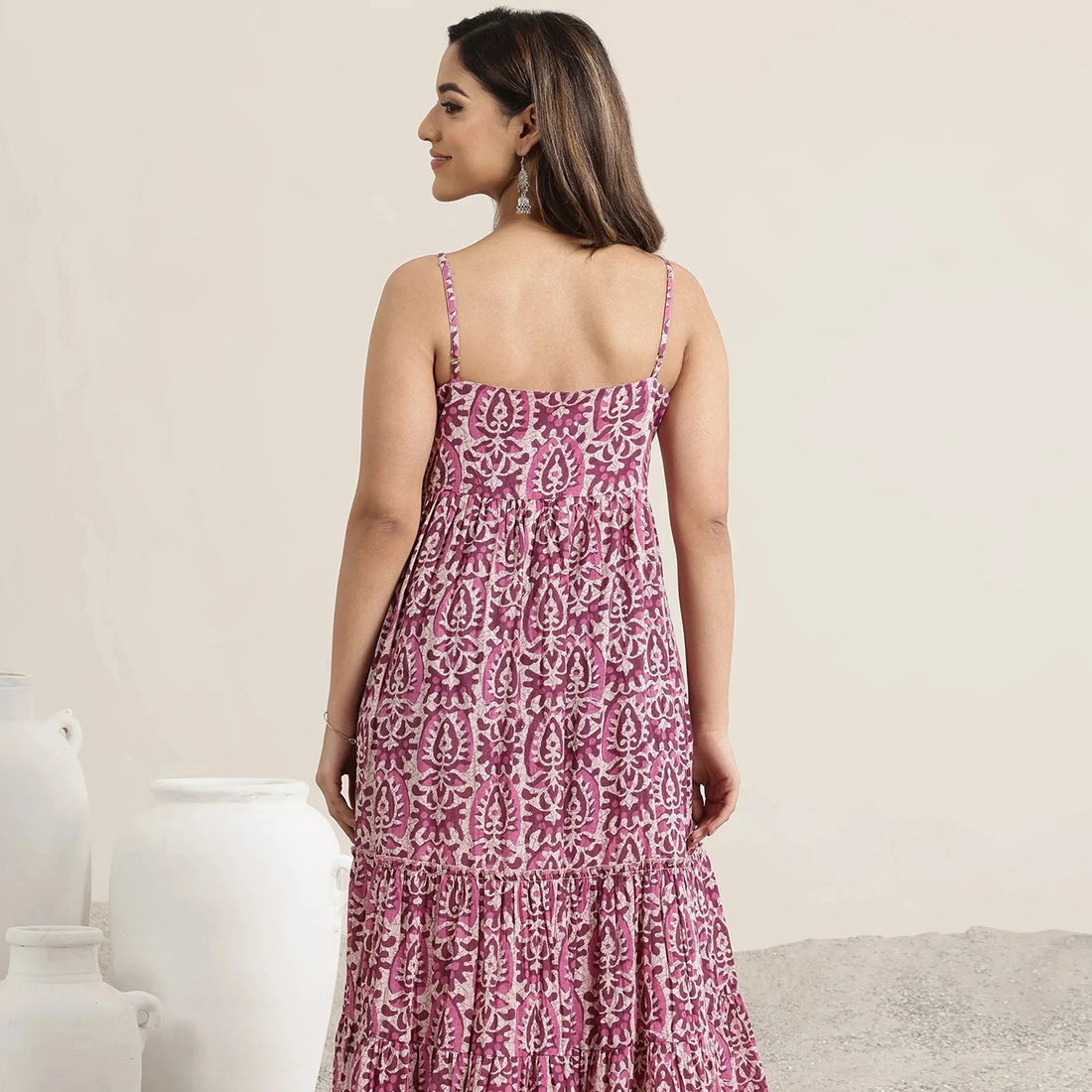 Mauve Printed Cotton Fit and Flare One Piece Dress
