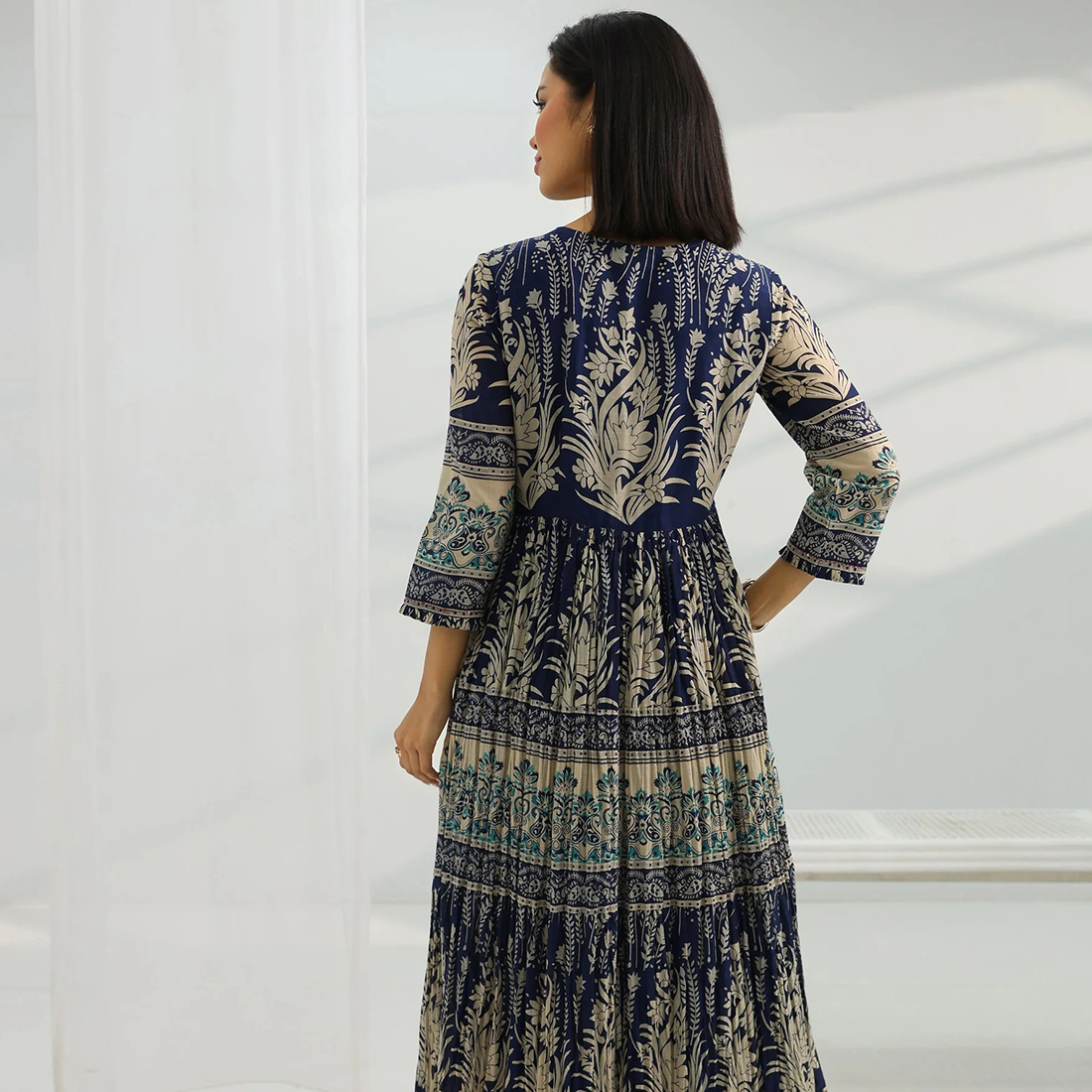 Navy Blue Printed Cotton A-Line One Piece Dress