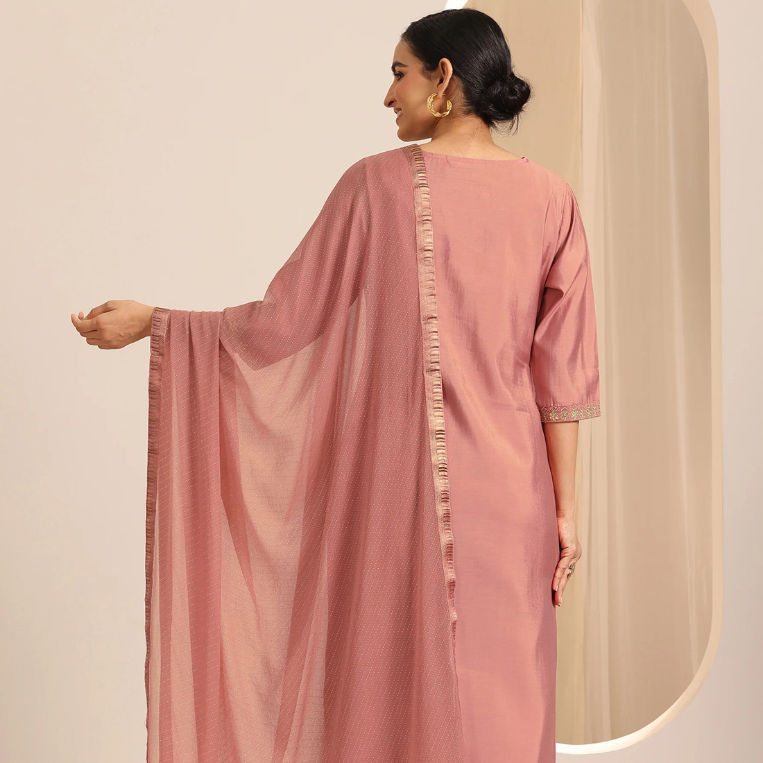 Peach Solid Silk Blend Straight Kurta Set